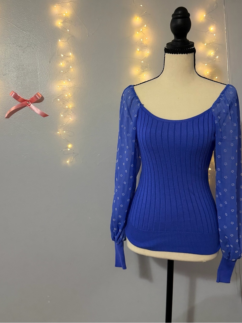 Royal Blue Ribbed Sweater with Sheer Floral Sleeves